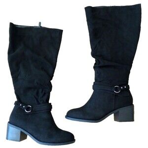 Torrid Tall Boots Size 8 Faux Suede Black Buckle Side Zip 2" Heel